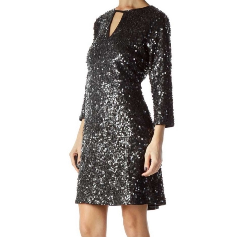 Abercrombie & Fitch Keyhole 3/4 Sleeve Sequin Mini Dress Black Medium